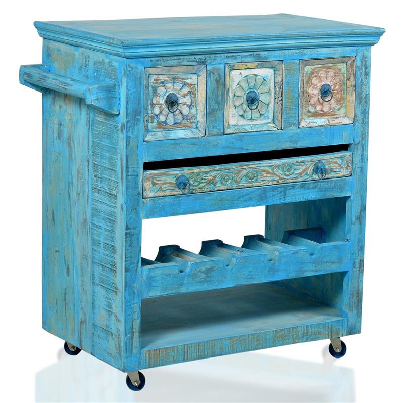 Küchenwagen Blue Beistelltisch Servierwagen Altholz massiv Shabby Antik